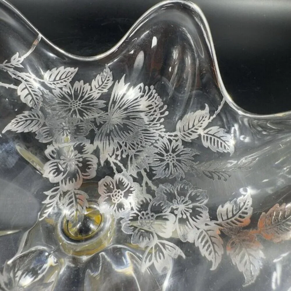 Vintage Viking Clear Footed Dish Bowl With Silver Overlay Flowers Pattern‎ VTG
